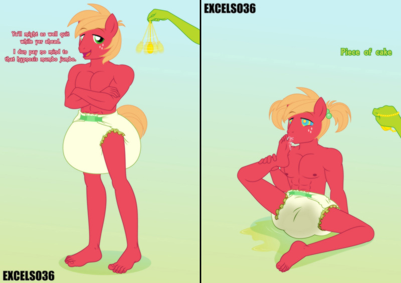 Size: 1327x935 | Tagged: suggestive, artist:excelso36, derpibooru import, big macintosh, anthro, earth pony, plantigrade anthro, 2 panel comic, barefoot, brainwashed, comic, commission, diaper, diaper fetish, feet, fetish, foot fetish, hypno eyes, hypnosis, image, jpeg, male, male feet, male nipples, nipples, non-baby in diaper, nudity, offscreen character, partial nudity, pigtails, pissing, poofy diaper, self worship, simple background, solo, toe sucking, urine, wet diaper, wetting, wetting diaper