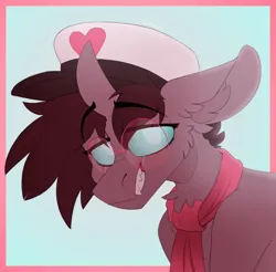 Size: 2304x2268 | Tagged: safe, artist:kirbirb, derpibooru import, oc, oc:rosie clockwork, unofficial characters only, changeling, pony, bust, changeling oc, chest fluff, drone, ear fluff, fangs, femboy, fur, glasses, glow, glowing eyes, hat, image, male, png, portrait, solo, upper body