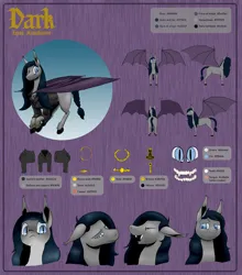 Size: 2020x2300 | Tagged: safe, artist:darkhestur, derpibooru import, oc, oc:dark, bat pony, accessory, bat pony oc, bat wings, clothes, color background, expressions, image, png, ponysona, reference sheet, wings