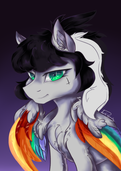 Size: 1754x2480 | Tagged: safe, artist:dankpegasista, derpibooru import, oc, oc:lunar dash, unofficial characters only, pegasus, pony, bangs, black and white, black and white mane, black hair, bust, chest fluff, colored lineart, colored wings, cross, derpibooru exclusive, digital art, ear fluff, feathered wings, female, fluffy hair, folded wings, fully shaded, gradient background, gray coat, grayscale, green eyes, high res, highlights, image, krita, long eyelashes, long mane, looking at you, monochrome, multicolored wings, pegasus oc, png, ponytail, portrait, purple background, rainbow wings, shading, signature, simple background, sitting, smiling, smiling at you, smirk, tattoo, waist up, wall of tags, wavy mane, white hair, wingding eyes, wings