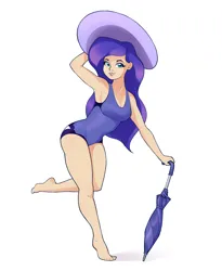 Size: 2110x2575 | Tagged: safe, artist:aquaticvibes, derpibooru import, princess luna, human, breasts, cleavage, clothes, female, hat, high res, humanized, image, one-piece swimsuit, png, simple background, solo, swimsuit, umbrella, white background