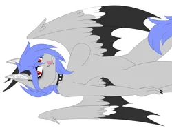 Size: 2819x2094 | Tagged: suggestive, artist:melodytheartpony, derpibooru import, oc, oc:melody silver, anthro, dracony, dragon, hybrid, adult themes, arched back, bat wings, breasts, collar, commission, eyeshadow, feathered wings, female, hip dips, horns, hybrid wings, image, licking, licking lips, looking at you, makeup, mischievous, nudity, png, simple background, spiked collar, tail, tail fluff, tongue out, white background, wings, ych example, your character here