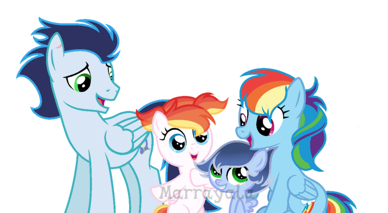 Size: 1280x703 | Tagged: safe, artist:marrayala, derpibooru import, rainbow dash, soarin', oc, oc:cirrus cloud, oc:myriad shado, pegasus, pony, base used, colt, family, female, filly, foal, image, male, mare, offspring, open mouth, parent:rainbow dash, parent:soarin', parents:soarindash, pegasus oc, png, shipping, signature, simple background, smiling, soarindash, stallion, straight, transparent background, watermark, wings