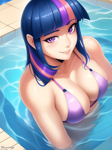 Size: 1020x1360 | Tagged: suggestive, derpibooru import, editor:sammykun, machine learning generated, stable diffusion, twilight sparkle, human, belly button, bikini, breasts, bust, busty twilight sparkle, clothes, cloud, female, humanized, image, lips, long hair, looking at you, png, portrait, reasonably sized breasts, sexy, shadow, stupid sexy twilight, swimming pool, swimsuit