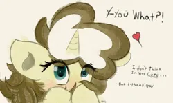 Size: 1529x913 | Tagged: safe, artist:paintedskies, derpibooru import, oc, oc:paintedskies, unofficial characters only, pony, unicorn, blushing, female, head, horn, image, jpeg, mare, mixed media, simple background, solo, text, traditional art, unicorn oc