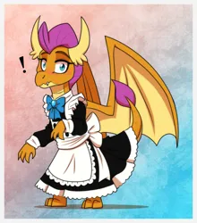 Size: 1105x1254 | Tagged: safe, artist:inuhoshi-to-darkpen, derpibooru import, smolder, dragon, clothes, commission, dragoness, exclamation point, female, gradient background, image, looking at you, maid, png, solo
