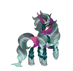 Size: 2812x2750 | Tagged: safe, artist:skye-the-ferret, derpibooru import, oc, oc:arcana shadows, unofficial characters only, alicorn, pony, alicorn oc, armor, crown, eyeshadow, female, grin, helmet, hoof shoes, horn, image, jewelry, makeup, mare, markings, multicolored hair, png, raised hoof, regalia, simple background, smiling, solo, transparent background, wings
