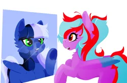 Size: 774x512 | Tagged: safe, artist:wifflethecatboi, derpibooru import, oc, oc:melodious marci, oc:moonie hearts, pegasus, pony, bangs, blue mane, cel shading, duo, duo female, female, fogged glass, green eyes, image, lineless, pegasus oc, png, ponytail, red eyes, red mane, shading, simple background, squishy, squishy cheeks, surprised, window, wings