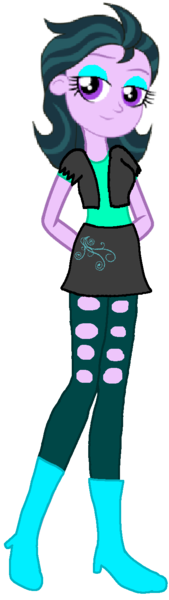 Size: 431x1533 | Tagged: safe, artist:rainbowstarcolour262, derpibooru import, zephyr, human, equestria girls, alternate clothes, alternate universe, background human, boots, canterlot, clothes, cutie mark, cutie mark on clothes, eyeshadow, female, hand behind back, image, makeup, miniskirt, png, shirt, shoes, simple background, skirt, solo, transparent background, vest