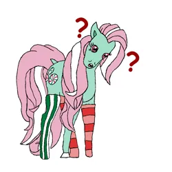 Size: 992x992 | Tagged: safe, artist:peacepetal, derpibooru import, minty, earth pony, pony, a charming birthday, g3, clothes, dock, female, hoers, image, jpeg, mare, mismatched socks, missing accessory, open mouth, question mark, rectangular pupil, scene interpretation, socks, solo, tail, tilted head, traditional art