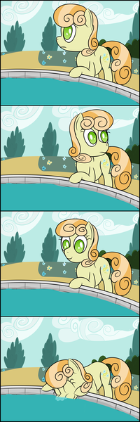 Size: 2000x6000 | Tagged: safe, artist:everfreeemergencies, junebug, earth pony, pony, /bale/, 4 panel comic, blowing bubbles, comic, eyes closed, female, fountain, image, mare, png, silly, silly pony, smiling, solo, water