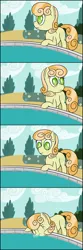 Size: 2000x6000 | Tagged: safe, artist:everfreeemergencies, junebug, earth pony, pony, /bale/, 4 panel comic, blowing bubbles, comic, eyes closed, female, fountain, image, mare, png, silly, silly pony, smiling, solo, water