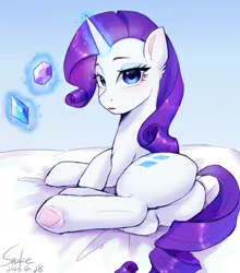 Size: 1800x2050 | Tagged: safe, artist:xiaowu07, derpibooru import, rarity, pony, unicorn, bed, butt, female, g4, gem, image, looking at you, lying down, mare, png, simple background, solo, sultry pose