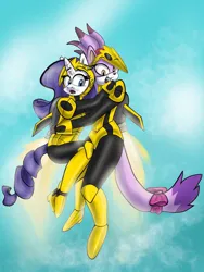 Size: 774x1032 | Tagged: dead source, safe, artist:expectantradishes, derpibooru import, rarity, anthro, cat, unicorn, armor, armorarity, blaze the cat, fear, flying, hug, image, jpeg, mobian, rocket knight, scared, screaming, sky, sky background, sonic the hedgehog (series), sonicified