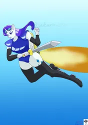 Size: 751x1064 | Tagged: suggestive, artist:sakuramrx, derpibooru import, rarity, alicorn, anthro, alicornified, armorarity, clenched fist, clothes, determined, flying, goggles, image, jpeg, leotard, open mouth, race swap, raricorn, rocket knight, sword, weapon