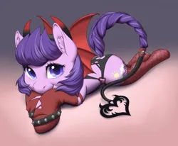 Size: 4250x3500 | Tagged: safe, artist:taytinabelle, derpibooru import, clear skies, pegasus, pony, succubus, adorasexy, bat wings, bracelet, braid, braided tail, clothes, commission, costume, cute, cutie mark, derpibooru exclusive, ear fluff, female, fishnets, gradient background, horns, image, lingerie, looking at you, lying down, mare, png, prone, sexy, simple background, smiling, socks, solo, spiked wristband, tail, torn clothes, wings, wristband