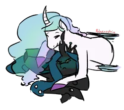 Size: 1063x945 | Tagged: safe, artist:polyquestria, derpibooru import, princess celestia, queen chrysalis, alicorn, changeling, changeling queen, pony, blushing, chryslestia, female, green blush, horn, image, lesbian, png, shipping, signature, simple background, transparent background, tsundere, wings