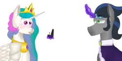 Size: 6000x3000 | Tagged: safe, derpibooru import, king sombra, princess celestia, alicorn, unicorn, blushing, celestibra, curved horn, duo, duo male and female, ear blush, female, glow, glowing horn, good king sombra, horn, image, jewelry, jpeg, looking at each other, looking at someone, magic, magic aura, male, marriage proposal, regalia, ring, shipping, smiley face, smiling, sparkly eyes, straight, telekinesis, wingding eyes
