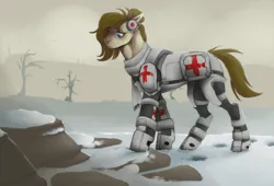 Size: 832x565 | Tagged: safe, artist:scruph, derpibooru import, oc, oc:dusty heartwood, unofficial characters only, earth pony, fallout equestria, armor, blue eyes, brown mane, clothes, dead tree, doctor, earmuffs, image, medic, png, red cross, scarf, snow, tree, wasteland