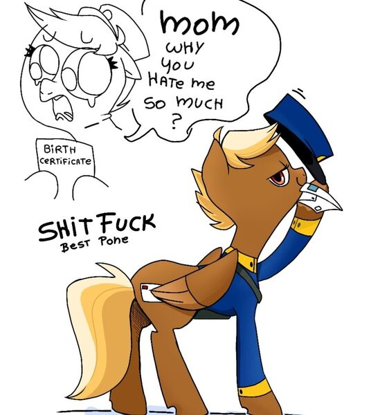 Size: 1080x1210 | Tagged: safe, artist:xipxip3838, derpibooru import, oc, oc:shitfuck, pegasus, pony, blonde, clothes, female, hat, hat tip, image, jpeg, mare, simple background, smug, speech bubble, telegram pony, text, uniform, vulgar, white background, wings