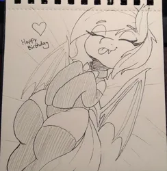 Size: 660x676 | Tagged: safe, artist:lockheart, derpibooru import, oc, oc:lucky roll, unofficial characters only, bat pony, pony, bowtie, clothes, eyes closed, female, image, jpeg, leotard, lying down, mare, monochrome, on back, socks, solo, stockings, thigh highs, tongue out, traditional art