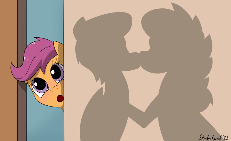 Size: 2486x1514 | Tagged: safe, artist:strebiskunk, derpibooru import, aunt holiday, auntie lofty, scootaloo, pegasus, pony, female, filly, foal, image, jpeg, kiss on the lips, kissing, lesbian, lofty day, offscreen character, open mouth, peeping, shadow, shipping, signature