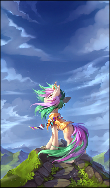 Size: 1387x2360 | Tagged: safe, artist:ramiras, derpibooru import, oc, oc:armistice, pony, unicorn, armor, image, mountain, png, solo