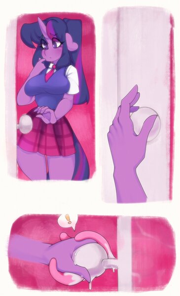 Size: 1208x1984 | Tagged: suggestive, alternate version, artist:tolsticot, derpibooru import, twilight sparkle, anthro, pony, unicorn, art pack:back door, alternate hairstyle, big breasts, blushing, breasts, busty twilight sparkle, clothes, comic, cum, cute, door, dripping, dripping cum, female, horn, i've seen enough hentai to know where this is going, image, jpeg, mane, mare, open door, pictogram, ponytail, school uniform, skirt, solo, solo female, tail, tentacles, twiabetes, upskirt