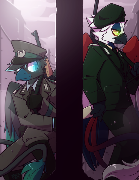 Size: 2550x3300 | Tagged: safe, artist:bbsartboutique, derpibooru import, oc, oc:grenadier, oc:maximilian kholer, anthro, gryphon, berlin, clothes, cold war, image, png, uniform