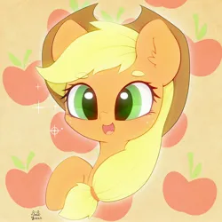 Size: 3000x3000 | Tagged: safe, artist:zokkili, derpibooru import, applejack, earth pony, pony, apple, bust, cute, food, hat, image, jpeg, open mouth, smiling, solo