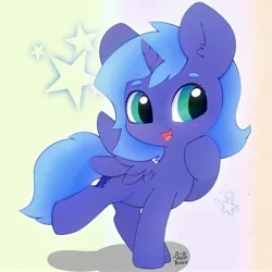 Size: 3000x3000 | Tagged: safe, artist:zokkili, derpibooru import, princess luna, alicorn, pony, cute, female, filly, image, jpeg, open mouth, simple background, smiling, solo, spread wings, standing, wings, woona, younger