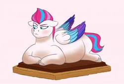 Size: 1080x734 | Tagged: safe, artist:bellbell123, derpibooru import, zipp storm, pegasus, pony, g5, :<, belly, blushing, chocolate, colored wings, crumbs, fat, female, floppy ears, folded wings, food, frown, graham cracker, image, jpeg, looking away, lying down, mare, multicolored mane, multicolored tail, multicolored wings, pink background, s'mores, simple background, solo, tail, unamused, unshorn fetlocks, weight gain, wings, zipp is a marshmallow, zipp slob, zipp storm is not amused
