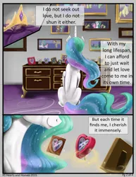Size: 2550x3300 | Tagged: safe, artist:silfoe, derpibooru import, princess celestia, oc, alicorn, earth pony, pony, unicorn, royal sketchbook, canon x oc, child, comic, crown, crying, dresser, family, female, foal, framed picture, image, immortality blues, implied death, jewelry, jpeg, parents:canon x oc, pillow, regalia, smiling, solo, text