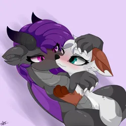 Size: 3100x3100 | Tagged: safe, artist:starmaster, derpibooru import, oc, oc:becca, oc:fritzy, unofficial characters only, dragon, fox, hybrid, barely pony related, blushing, cuddling, furry, hug, image, kiss on the cheek, kissing, lying down, no pony, png