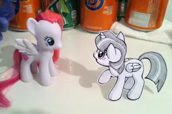 Size: 733x488 | Tagged: safe, artist:pimmy, derpibooru import, diamond rose, twilight sparkle, twilight sparkle (alicorn), alicorn, pegasus, pony, brushable, craft, duo focus, image, irl, jpeg, looking at each other, looking at someone, papercraft, photo, toy, traditional art