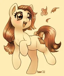 Size: 941x1122 | Tagged: safe, artist:pimmy, derpibooru import, oc, oc:pumpkin patch, unofficial characters only, earth pony, pony, bow, female, image, jpeg, leaves, mare, monochrome, open mouth, open smile, ponytail, simple background, smiling, solo, standing, standing on one leg, tail, tail bow