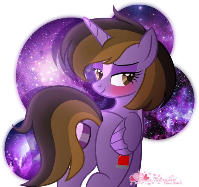 Size: 1407x1317 | Tagged: suggestive, artist:tanahgrogot, derpibooru import, oc, oc:princess kincade, unofficial characters only, alicorn, pony, alicorn oc, base used, beautiful, beautisexy, bedroom eyes, blushing, butt, butt touch, female, galaxy, horn, image, kincadebutt, looking at you, looking back, looking back at you, mare, plot, png, signature, simple background, smiling, smiling at you, solo, transparent background, watermark, wings