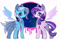 Size: 1012x686 | Tagged: safe, artist:batthsalts, derpibooru import, starlight glimmer, trixie, pony, unicorn, artificial wings, augmented, floating wings, image, jpeg, looking at you, looking back, looking back at you, magic, magic wings, portal, wings