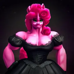 Size: 1000x1000 | Tagged: safe, derpibooru import, machine learning generated, stable diffusion, pinkie pie, anthro, unicorn, bare shoulders, clothes, cursed image, dress, female, gown, image, jpeg, machine learning abomination, muscles, muscular female, pinkie pump, race swap, solo, unicorn pinkie pie, wat, wrong eye color