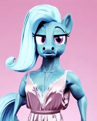Size: 805x1000 | Tagged: safe, derpibooru import, machine learning generated, trixie, anthro, clothes, cross, cross necklace, cursed image, dress, image, jewelry, jpeg, looking at you, machine learning abomination, missing horn, necklace, negligee, simple background, solo, wat