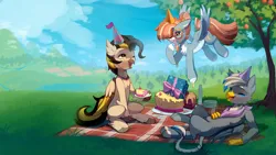 Size: 1280x720 | Tagged: safe, artist:astralblues, derpibooru import, oc, oc:solstice breeze, unofficial characters only, classical hippogriff, gryphon, hippogriff, pegasus, pony, cake, food, glasses, hat, image, jpeg, male, party hat, picnic blanket, present, stallion