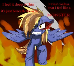 Size: 880x791 | Tagged: safe, artist:solixy406, derpibooru import, oc, oc:cloudbreaker, unofficial characters only, pegasus, angry, edgy, edgy as fuck, fire, floppy ears, image, lightning, lyrics, morbidly edgy, pegasus oc, png, scar, skrillex, text, wings