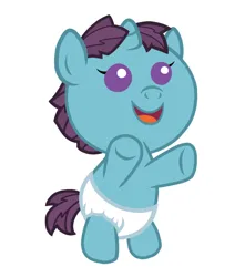 Size: 972x1102 | Tagged: oc name needed, safe, artist:mystery shore, derpibooru import, oc, unofficial characters only, pony, unicorn, baby, baby pony, bipedal, cute, diaper, foal, horn, image, male, offspring, open mouth, open smile, parent:equaglimm, parent:oc: equivalent equations, parent:starlight glimmer, parents:canon x oc, png, simple background, smiling, solo, unicorn oc, upsies, white background