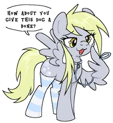 Size: 529x575 | Tagged: suggestive, artist:muffinz, derpibooru import, derpy hooves, pegasus, pony, behaving like a dog, clothes, collar, image, leash, png, simple background, socks, solo, striped socks, text, white background, wing hands, wings