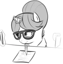 Size: 1128x1146 | Tagged: safe, artist:zan logemlor, derpibooru import, raven, pony, unicorn, female, glasses, glow, glowing horn, grayscale, horn, image, magic, magic aura, mare, monochrome, open mouth, paper, pencil, pencil in mouth, png, simple background, solo, telekinesis, white background, writing