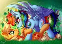 Size: 1920x1358 | Tagged: safe, artist:julunis14, derpibooru import, applejack, rainbow dash, earth pony, pegasus, pony, appledash, backwards cutie mark, duo, duo female, female, grass, image, jpeg, lesbian, looking at each other, looking at someone, lying down, mare, on back, shipping, spread wings, wings