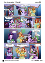 Size: 2726x3802 | Tagged: suggestive, artist:atariboy2600, artist:bluecarnationstudios, derpibooru import, sci-twi, spike, spike the regular dog, sunset shimmer, twilight sparkle, dog, human, comic:the amazonian effect, comic:the amazonian effect iv, equestria girls, ass, breasts, buff breasts, busty sci-twi, busty sunset shimmer, butt, clothes, comic, female, flexing, grin, image, jacket, muscles, muscular female, open mouth, png, sci-twi's house, smiling, spike the dog, sunset lifter, twibutt, twolight