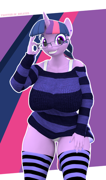 Size: 1280x2160 | Tagged: questionable, artist:ik_related, derpibooru import, twilight sparkle, anthro, pony, unicorn, big breasts, bra, breasts, clothes, ear piercing, earring, glasses, horn, image, jewelry, looking at you, minimalist, modern art, multicolored hair, multicolored tail, panties, piercing, png, purple background, purple eyes, purple hair, simple background, socks, solo, stockings, striped socks, sweater, tail, thigh highs, underwear