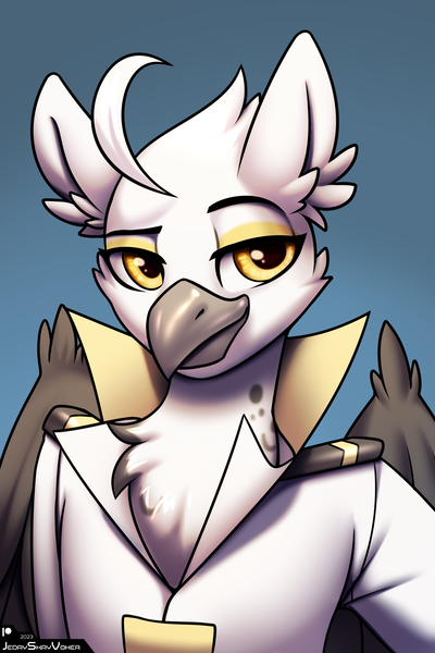 Size: 2000x3000 | Tagged: safe, artist:jedayskayvoker, derpibooru import, oc, oc:tristan alastair, anthro, gryphon, anthro oc, beak, bust, cheek feathers, chest feathers, clothes, ear feathers, eyebrows, folded wings, gradient background, griffon oc, icon, image, looking at you, male, patreon, patreon reward, png, portrait, raised eyebrow, smiling, smiling at you, smug, solo, solo male, uniform, wings