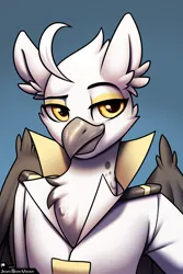 Size: 2000x3000 | Tagged: safe, artist:jedayskayvoker, derpibooru import, oc, oc:tristan alastair, anthro, gryphon, anthro oc, beak, bust, cheek feathers, chest feathers, clothes, ear feathers, eyebrows, folded wings, gradient background, griffon oc, icon, image, looking at you, male, patreon, patreon reward, png, portrait, raised eyebrow, smiling, smiling at you, smug, solo, solo male, uniform, wings